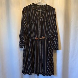 Navy and Tan Striped Long Sleeve Dress